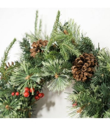 HOMCOM 60cm Christmas Wreath with LED Lights Pine Cones Red Berries Green