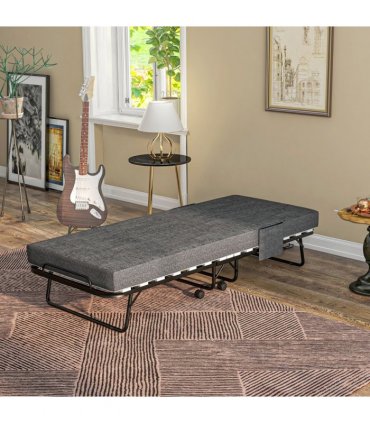 HOMCOM Folding Bed with Mattress Foldable Guest Bed on Wheels w/ Cover Dark Grey