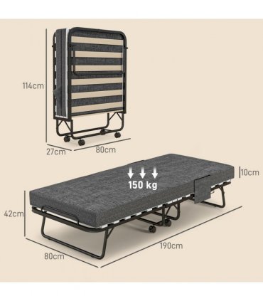 HOMCOM Folding Bed with Mattress Foldable Guest Bed on Wheels w/ Cover Dark Grey