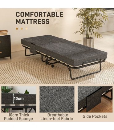 HOMCOM Folding Bed with Mattress Foldable Guest Bed on Wheels w/ Cover Dark Grey