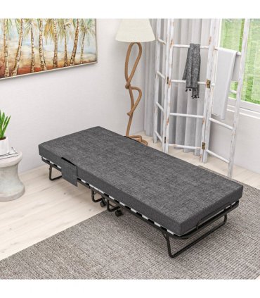 HOMCOM Folding Bed with Mattress Foldable Guest Bed on Wheels w/ Cover Dark Grey