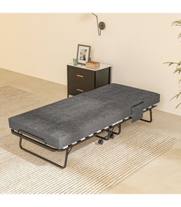 HOMCOM Folding Bed with Mattress Foldable Guest Bed on Wheels w/ Cover Dark Grey