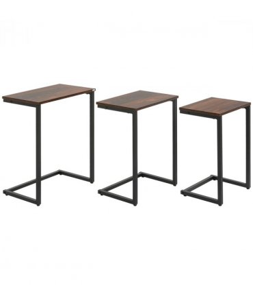 HOMCOM C-Shaped Nesting Tables Set of 3 with Steel Frame, Rustic Brown