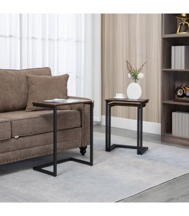 HOMCOM C-Shaped Nesting Tables Set of 3 with Steel Frame, Rustic Brown