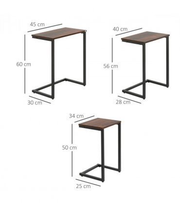 HOMCOM C-Shaped Nesting Tables Set of 3 with Steel Frame, Rustic Brown