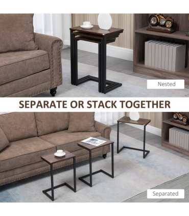 HOMCOM C-Shaped Nesting Tables Set of 3 with Steel Frame, Rustic Brown