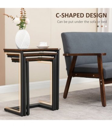 HOMCOM C-Shaped Nesting Tables Set of 3 with Steel Frame, Rustic Brown