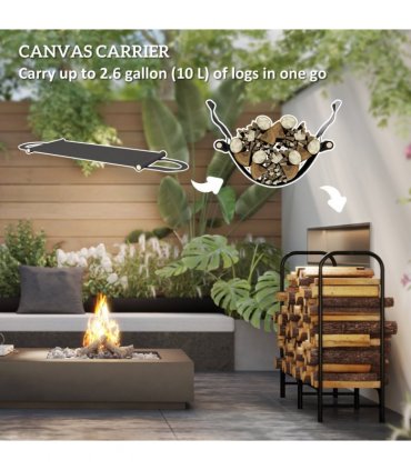 Outsunny 4FT Firewood Rack Holder W/ Canvas Carrier and Oxford Cover, Black