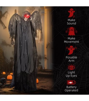 HOMCOM Winged Grim Reaper Animatronic Prop w/ Light Up Eyes, for Haunted House