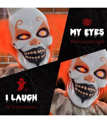 HOMCOM Halloween Clown Animatronic Prop with Light Up Eyes, for Indoor Outdoor