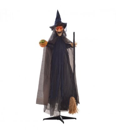 HOMCOM Halloween Witch with Broomstick Animatronic Prop with Light Up Eyes