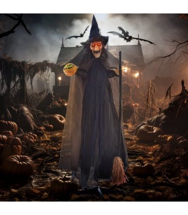 HOMCOM Halloween Witch with Broomstick Animatronic Prop with Light Up Eyes