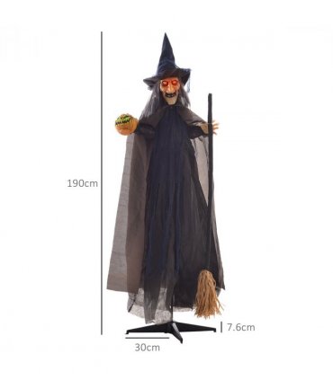 HOMCOM Halloween Witch with Broomstick Animatronic Prop with Light Up Eyes