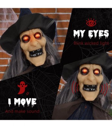 HOMCOM Halloween Witch with Broomstick Animatronic Prop with Light Up Eyes