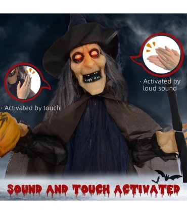 HOMCOM Halloween Witch with Broomstick Animatronic Prop with Light Up Eyes