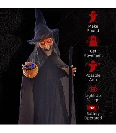 HOMCOM Halloween Witch with Broomstick Animatronic Prop with Light Up Eyes