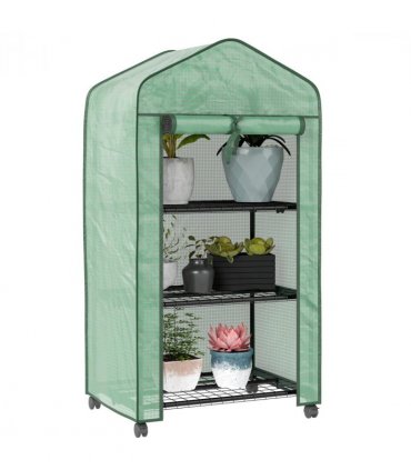 Outsunny Portable Mini Greenhouse with Roll-up Door and Wheels, Green