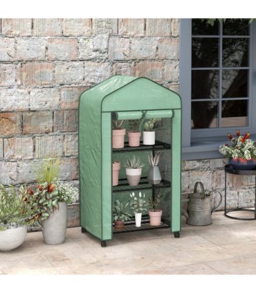 Outsunny Portable Mini Greenhouse with Roll-up Door and Wheels, Green