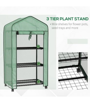 Outsunny Portable Mini Greenhouse with Roll-up Door and Wheels, Green