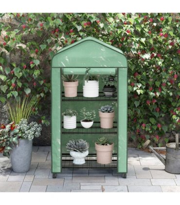 Outsunny Portable Mini Greenhouse with Roll-up Door and Wheels, Green