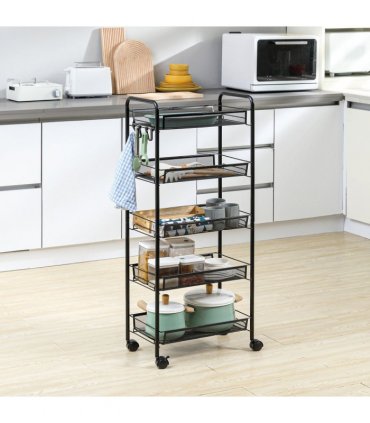 HOMCOM 5 Tier Utility Rolling Cart with Removable Mesh Baskets, Black