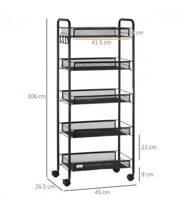 HOMCOM 5 Tier Utility Rolling Cart with Removable Mesh Baskets, Black
