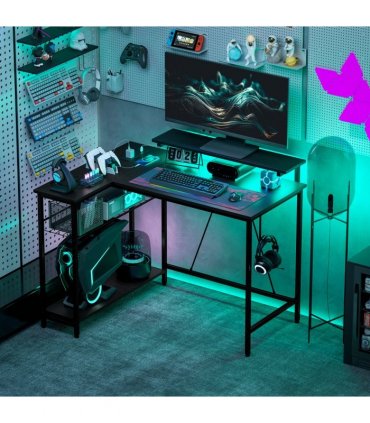 HOMCOM L Shaped Desk with LED Lights Reversible Corner Gaming Desk with Storage