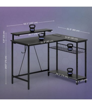HOMCOM L Shaped Desk with LED Lights Reversible Corner Gaming Desk with Storage