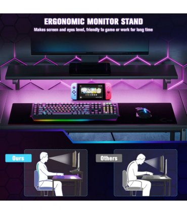 HOMCOM L Shaped Desk with LED Lights Reversible Corner Gaming Desk with Storage