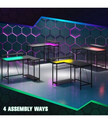HOMCOM L Shaped Desk with LED Lights Reversible Corner Gaming Desk with Storage