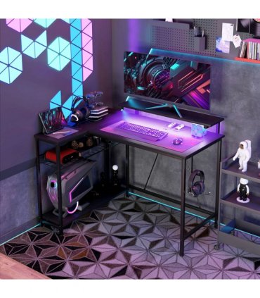HOMCOM L Shaped Desk with LED Lights Reversible Corner Gaming Desk with Storage