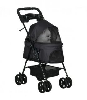 PawHut Pet Stroller Foldable Travel Carriage w/ Brake Basket Canopy, Black