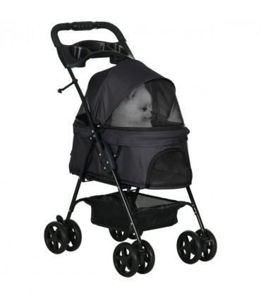 PawHut Pet Stroller Foldable Travel Carriage w/ Brake Basket Canopy, Black