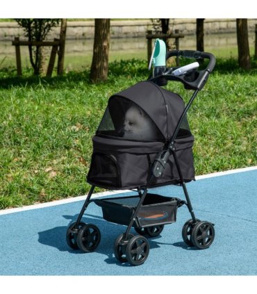 PawHut Pet Stroller Foldable Travel Carriage w/ Brake Basket Canopy, Black