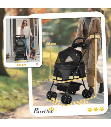PawHut Pet Stroller Foldable Travel Carriage w/ Brake Basket Canopy, Black