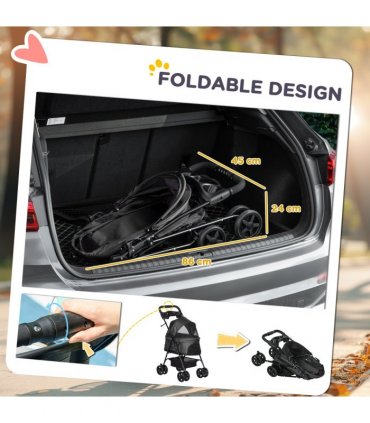 PawHut Pet Stroller Foldable Travel Carriage w/ Brake Basket Canopy, Black