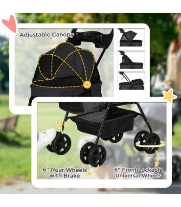 PawHut Pet Stroller Foldable Travel Carriage w/ Brake Basket Canopy, Black