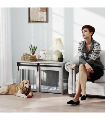 PawHut Dog Crate Furniture with Removable Cushion for Large Dogs - Grey