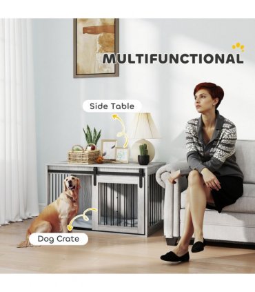 PawHut Dog Crate Furniture with Removable Cushion for Large Dogs - Grey