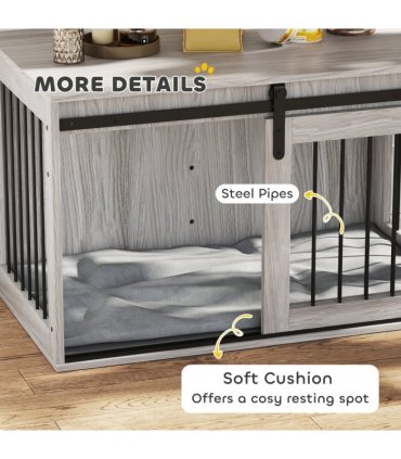 PawHut Dog Crate Furniture with Removable Cushion for Large Dogs - Grey