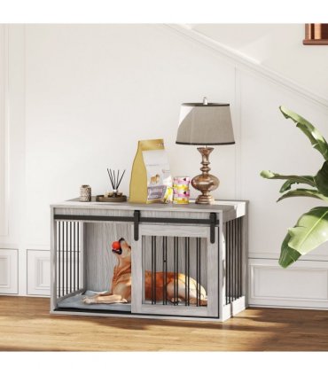 PawHut Dog Crate Furniture with Removable Cushion for Large Dogs - Grey