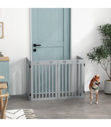 PawHut Pet Gate Foldable Fence Freestanding Dog Barrier w/ Support Feet Grey