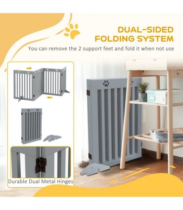 PawHut Pet Gate Foldable Fence Freestanding Dog Barrier w/ Support Feet Grey