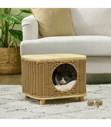 PawHut Elevated Design Wicker Cat House with Washable Cushion, Light Brown