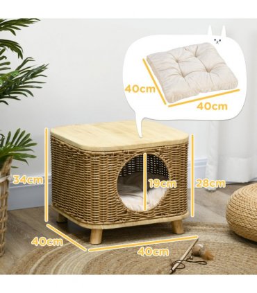 PawHut Elevated Design Wicker Cat House with Washable Cushion, Light Brown