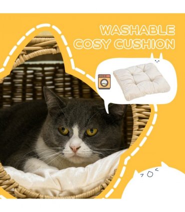 PawHut Elevated Design Wicker Cat House with Washable Cushion, Light Brown