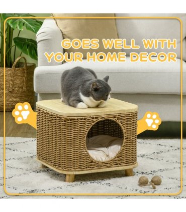 PawHut Elevated Design Wicker Cat House with Washable Cushion, Light Brown