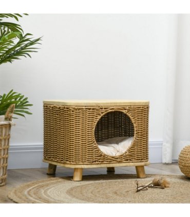 PawHut Elevated Design Wicker Cat House with Washable Cushion, Light Brown