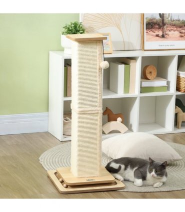 PawHut 87cm Cat Scratching Post 3 in 1 Cat Scratcher w/ Track Ball Toy