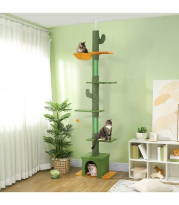 PawHut 230-275cm Floor-to-Ceiling Cat Tree for Indoor Cats with Cat House